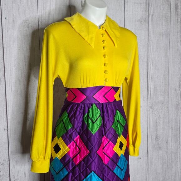 VTG Mr Jac JR by Martin Marks Groovy Maxi Dress - Dagger Collar & Quilted Skirt - Picture 3 of 11